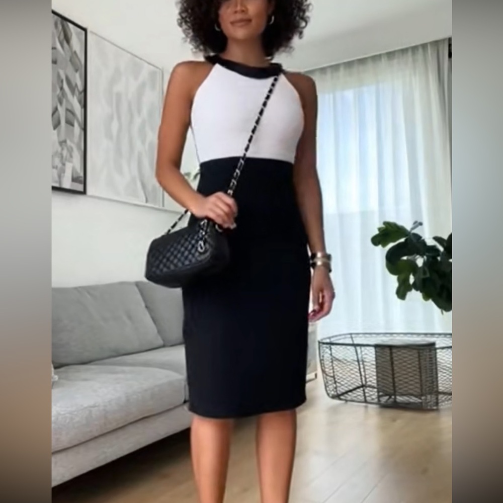 London Times off-white and Black Ribbed Sheath Mini Dress